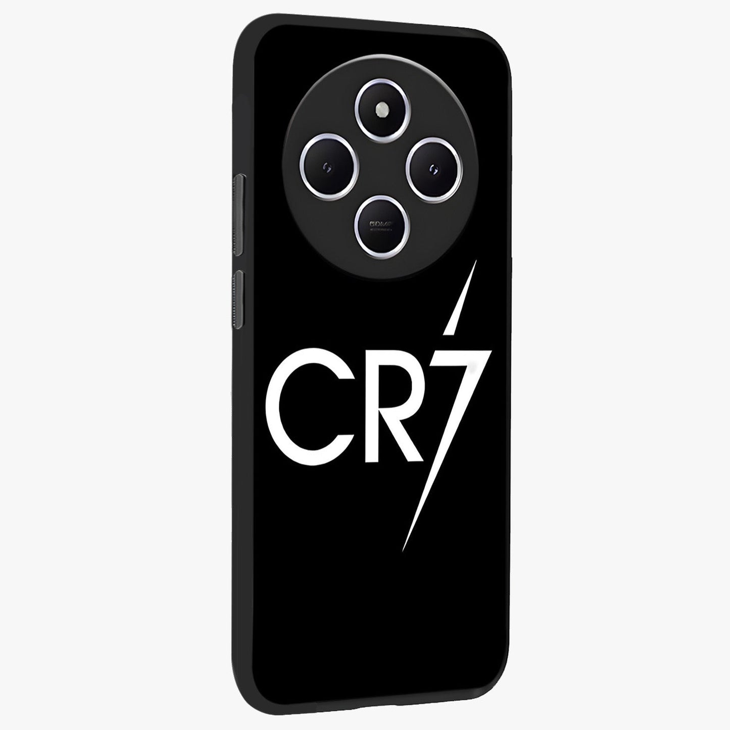 Cr7 Elite Strike Glass Case upright view showcasing energetic football inspired design with modern sports aesthetic.