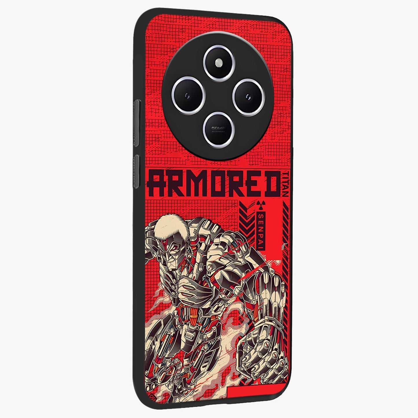 Crimson Mecha Titan Glass Case upright view showcasing dynamic robotic titan design with sci-fi inspired theme.