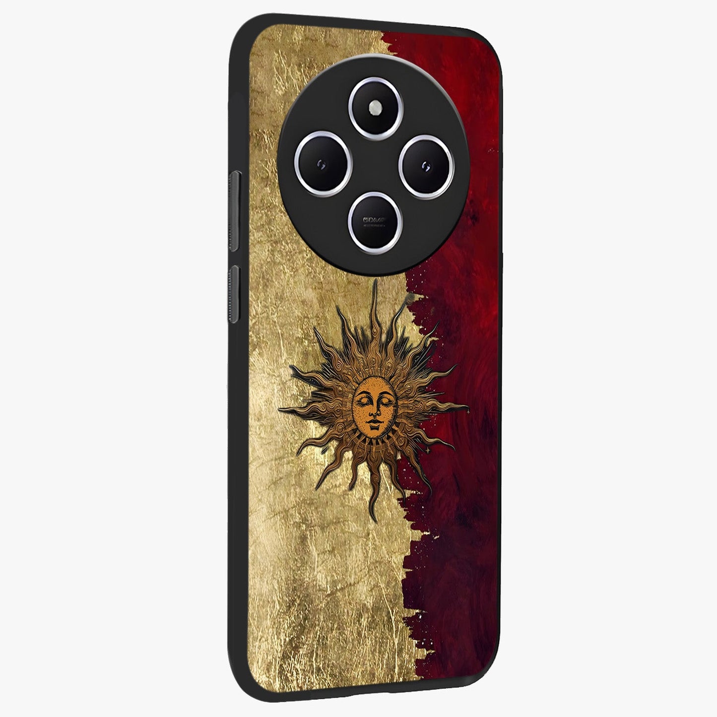 Crimson Sun Majesty Glass Case upright view showcasing vibrant sun artwork with powerful celestial theme.