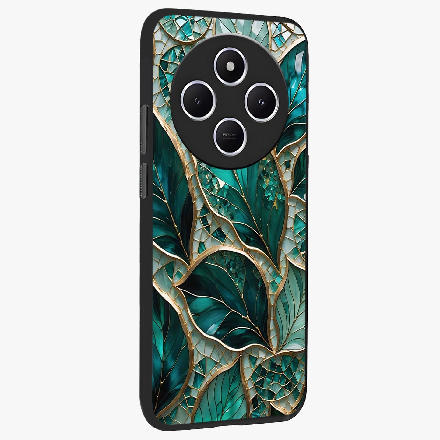 Emerald Leaf Glass Glass Case upright view showcasing fresh green leaf artwork with calming nature inspired style.