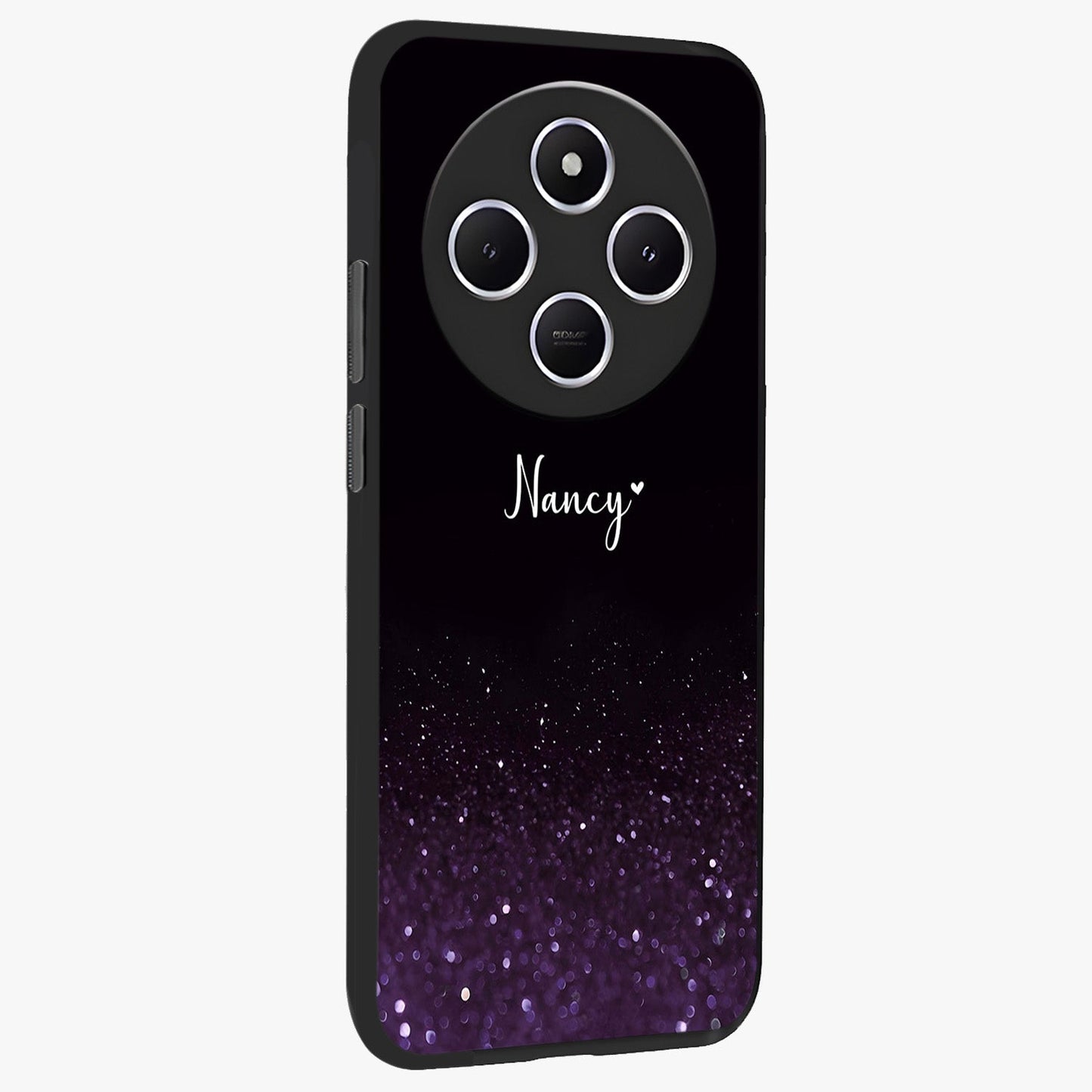 Glittery Purple Bokeh Custom Name Glass Case upright view showcasing vibrant purple sparkle artwork with personalized aesthetic style.