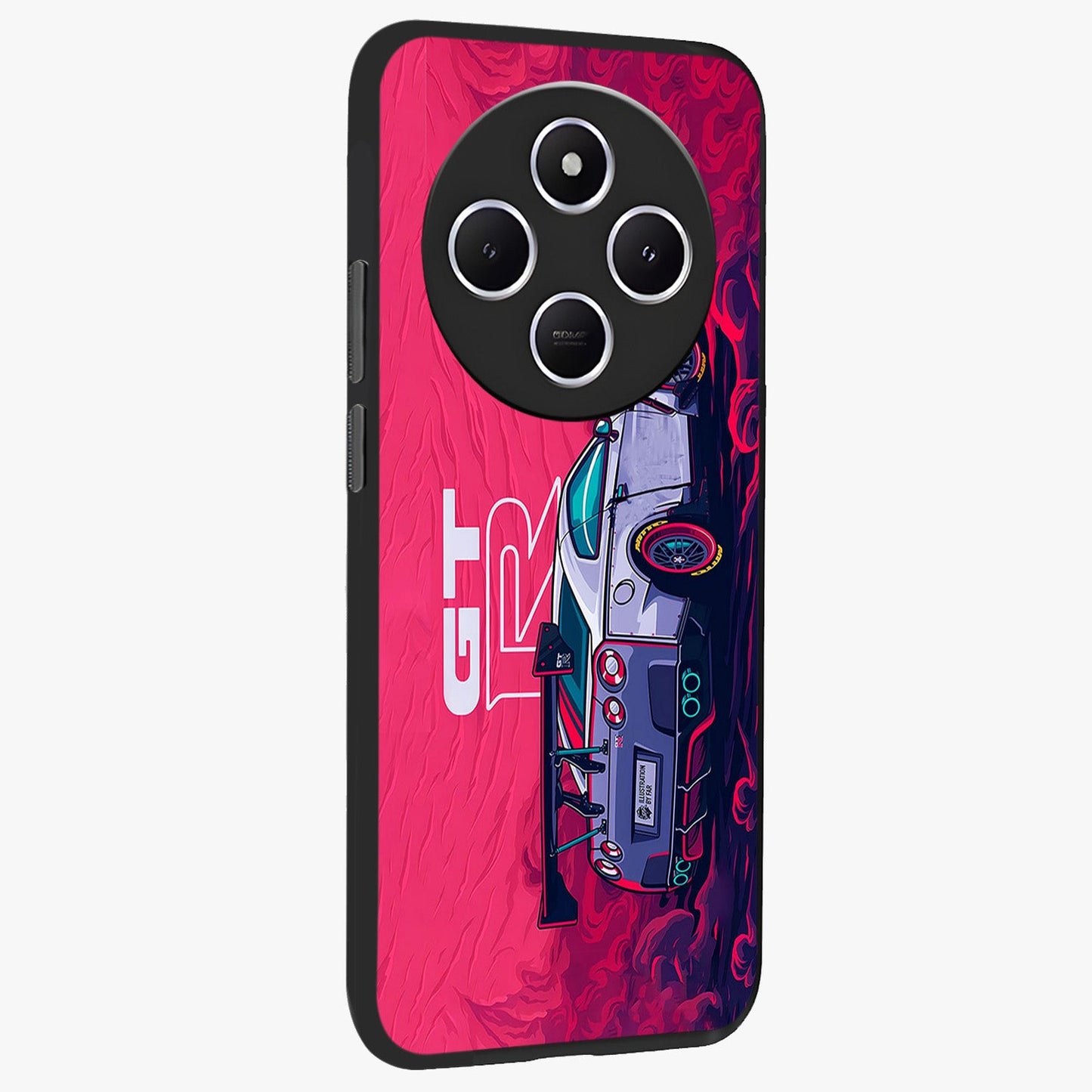 GT-R Car Pattern Glass Case upright view showcasing dynamic car pattern artwork with modern sports theme.