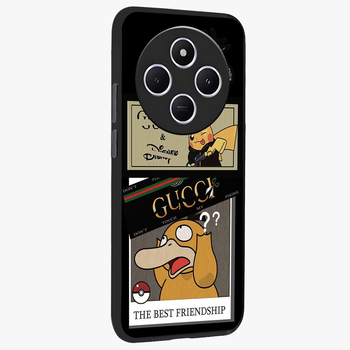 Gucci Play Mashup Glass Case upright view showcasing trendy luxury inspired artwork with modern fashion theme.