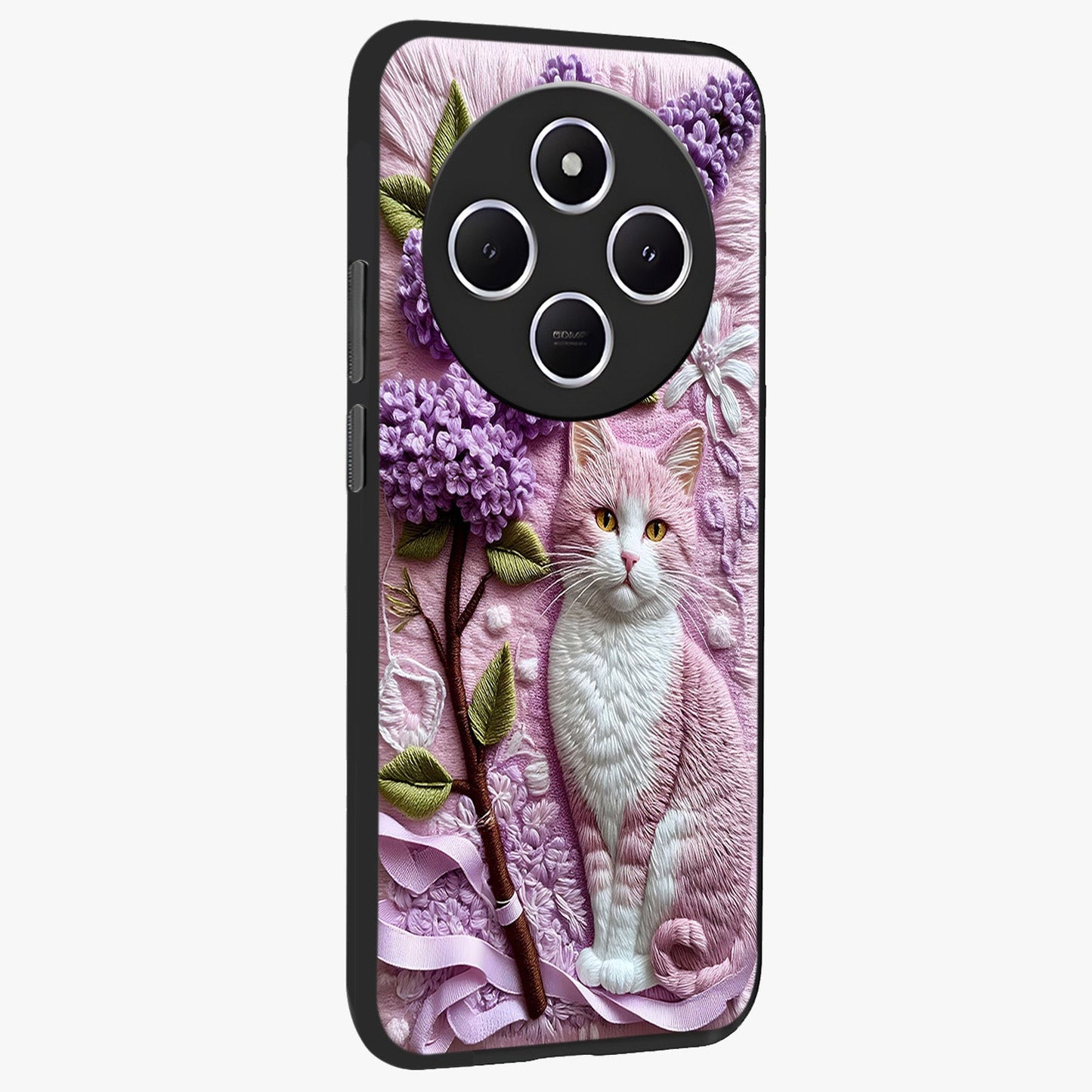 Lavender Cat Whimsy Glass Case upright view showcasing charming cat artwork with whimsical lavender theme.