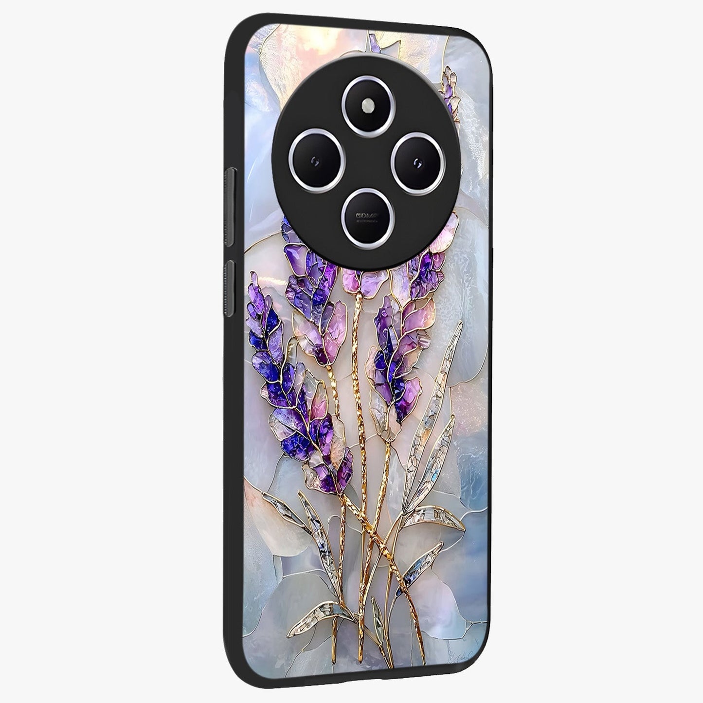 Lavender Dream Glow Glass Case upright view showcasing radiant lavender glow artwork with calming dreamy theme.