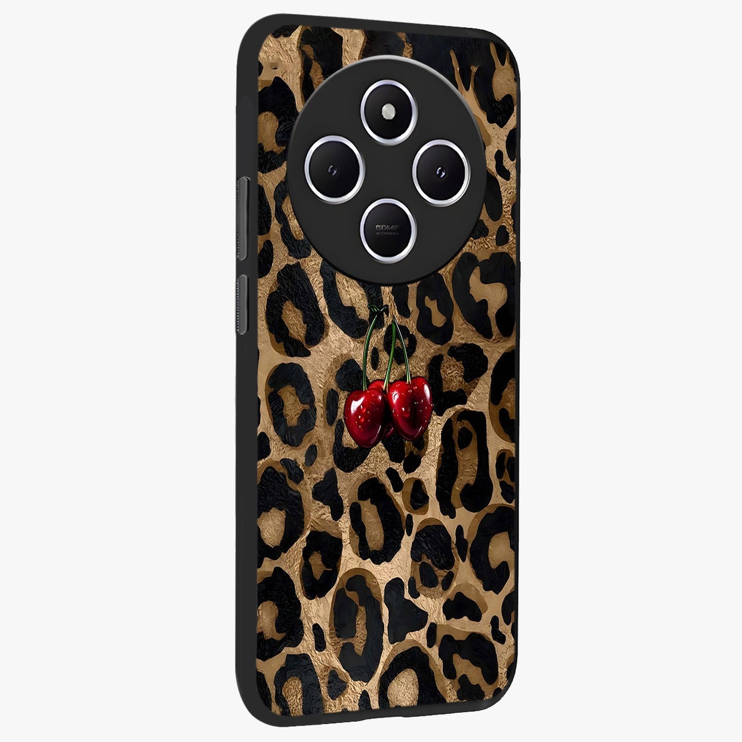 Leopard Wild Cherry Glass Case upright view showcasing stylish leopard pattern artwork with trendy fashion theme.