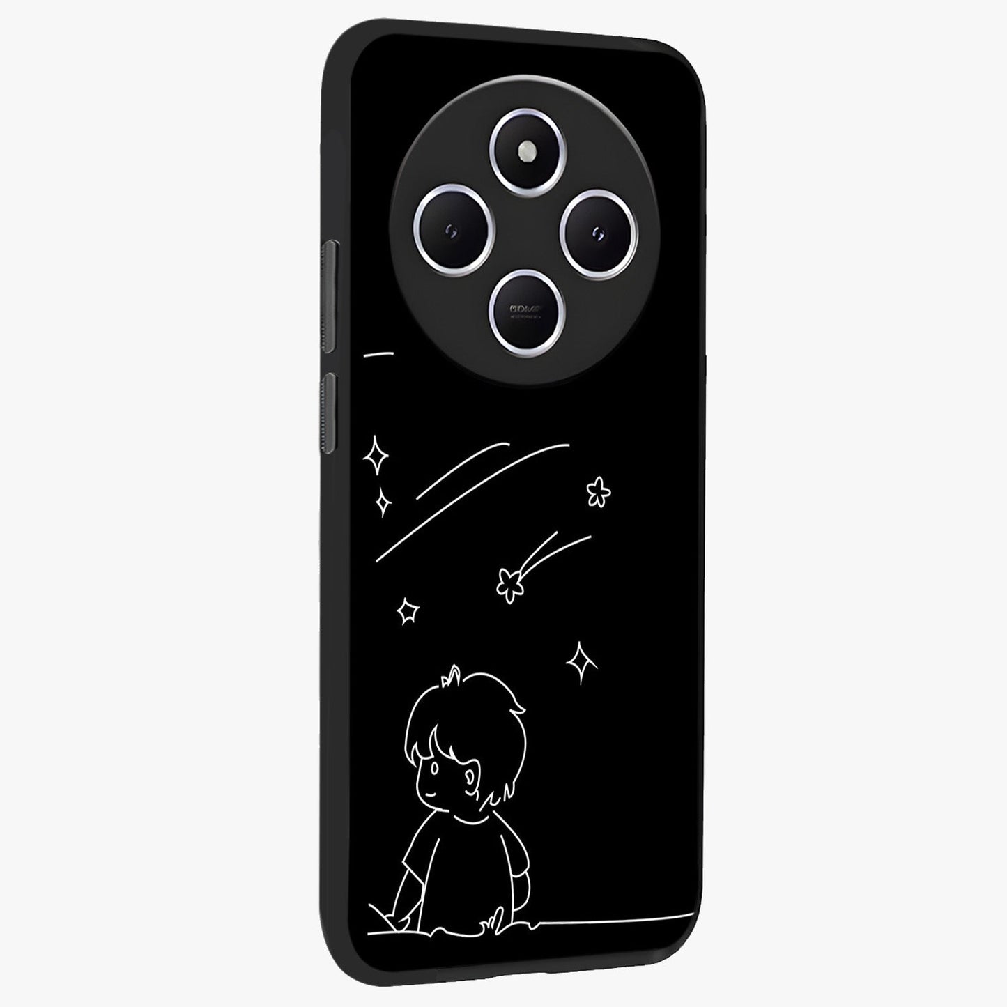 Line Art Boy With Shooting Stars Glass Case upright view showcasing artistic shooting star illustration with minimal style.