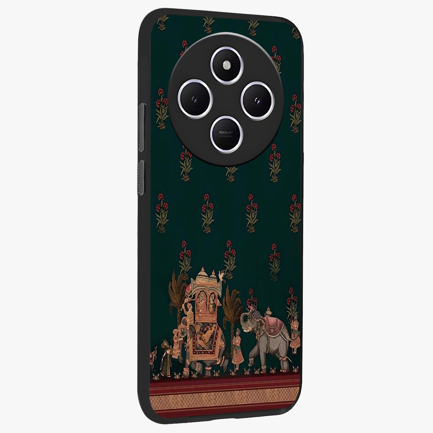 Macmerise Glass Case upright view showcasing bold artistic artwork with contemporary design theme.