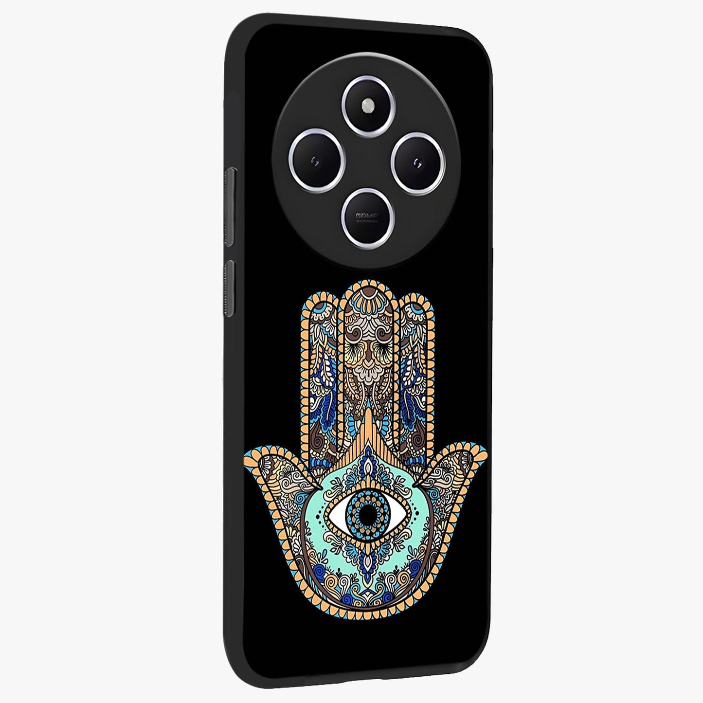 Mystic Hamsa Eye Glass Case upright view showcasing detailed hamsa eye artwork with protective spiritual theme.