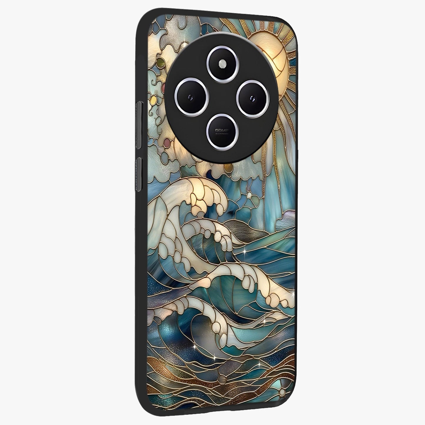 Oceanic Stained Printed Glass Case upright view showcasing decorative ocean pattern artwork with vibrant marine theme.