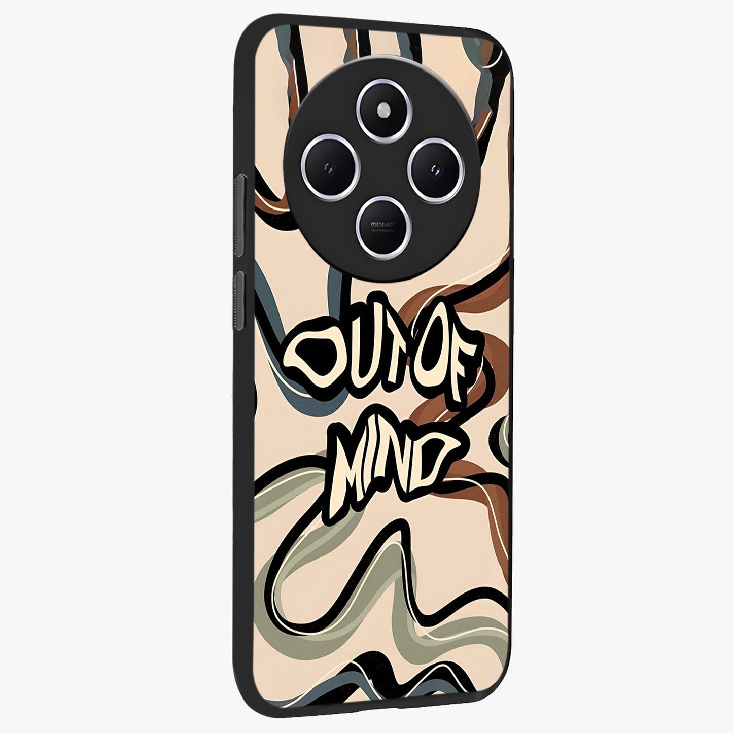 Out Of Mind Glass Case upright view showcasing striking typography artwork with edgy conceptual theme.