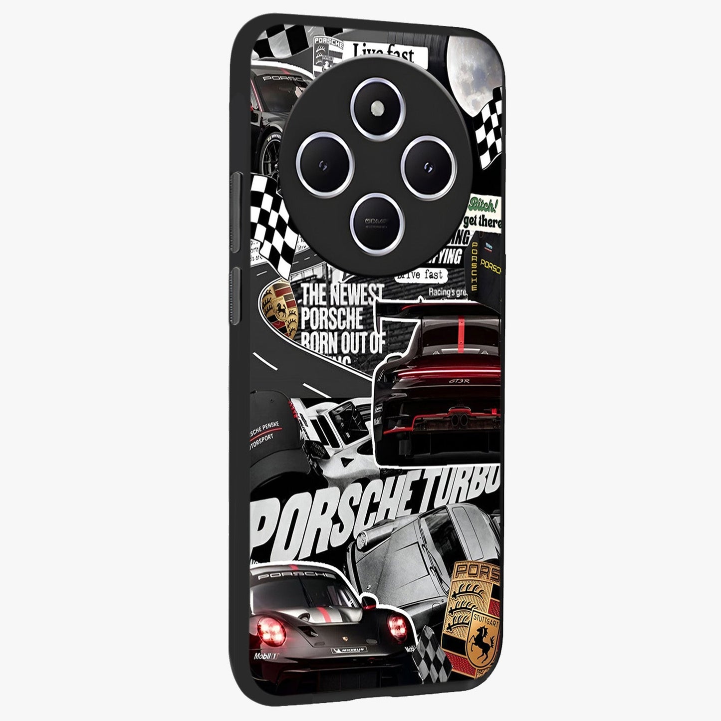 Porsche Racing Collage Glass Case upright view showcasing energetic car collage artwork with high speed racing theme.