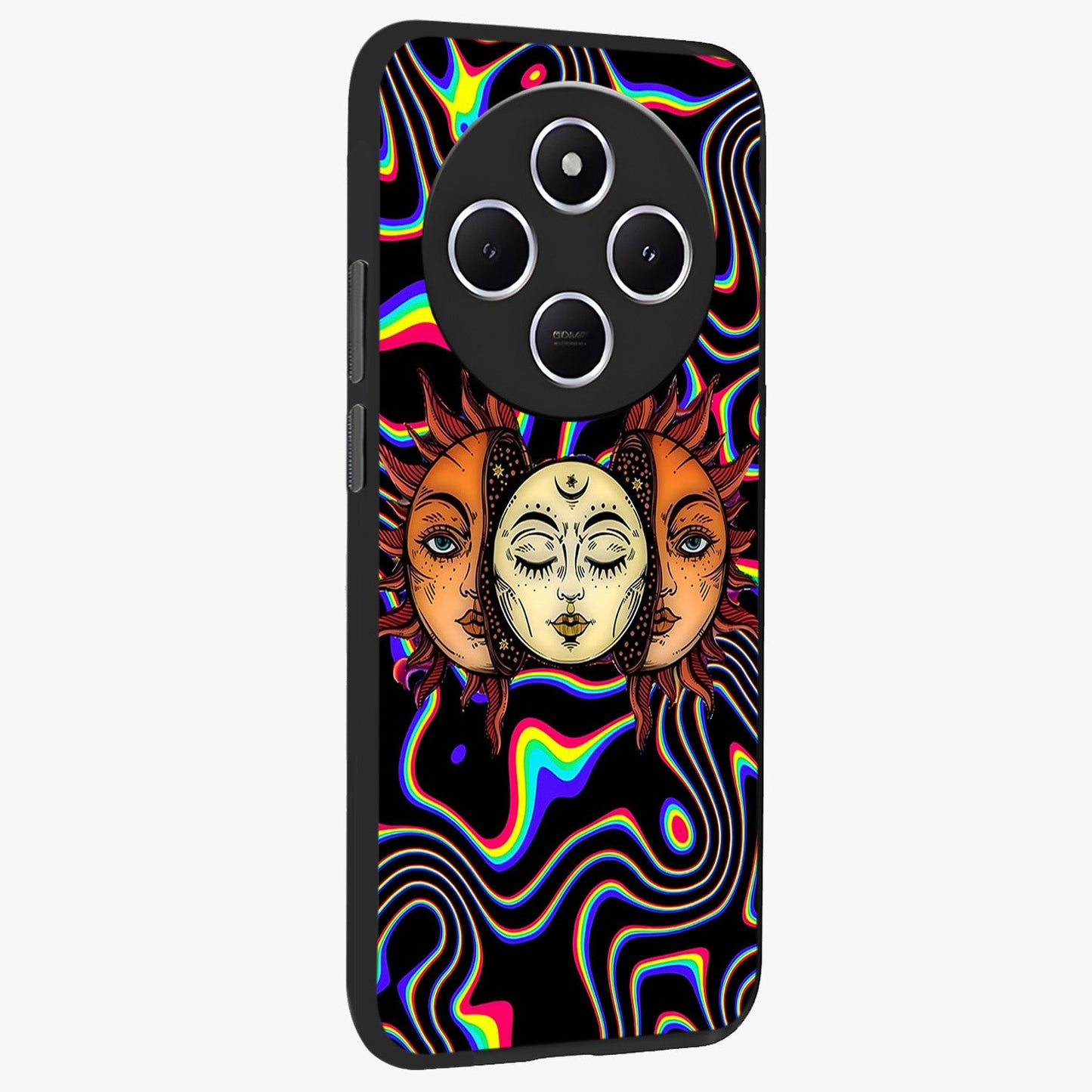 Psychedelic Sun Glass Case upright view showcasing trippy sun artwork with bold psychedelic theme.