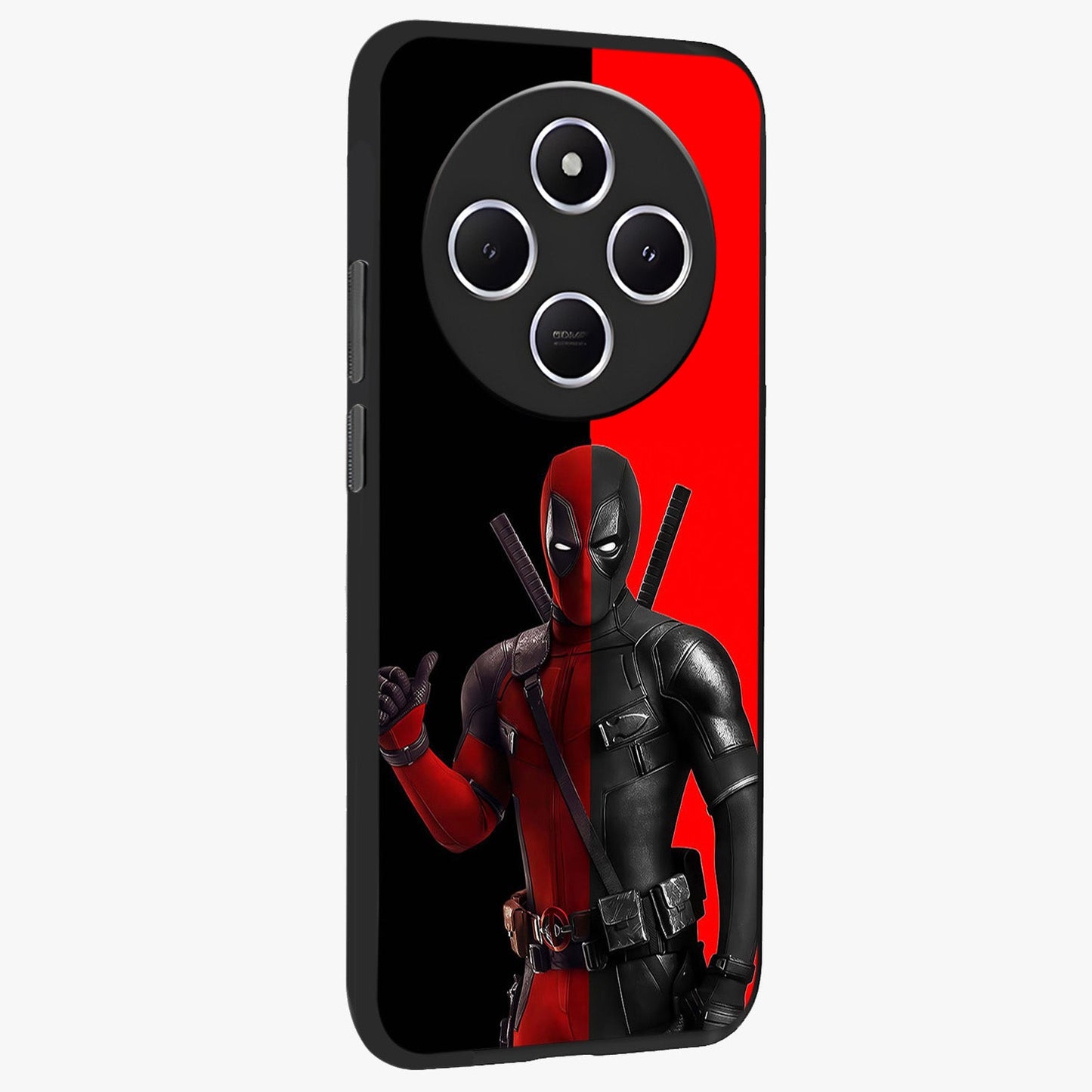Red & Black Deadpool Theme Glass Case upright view showcasing energetic comic themed artwork with striking red and black design.