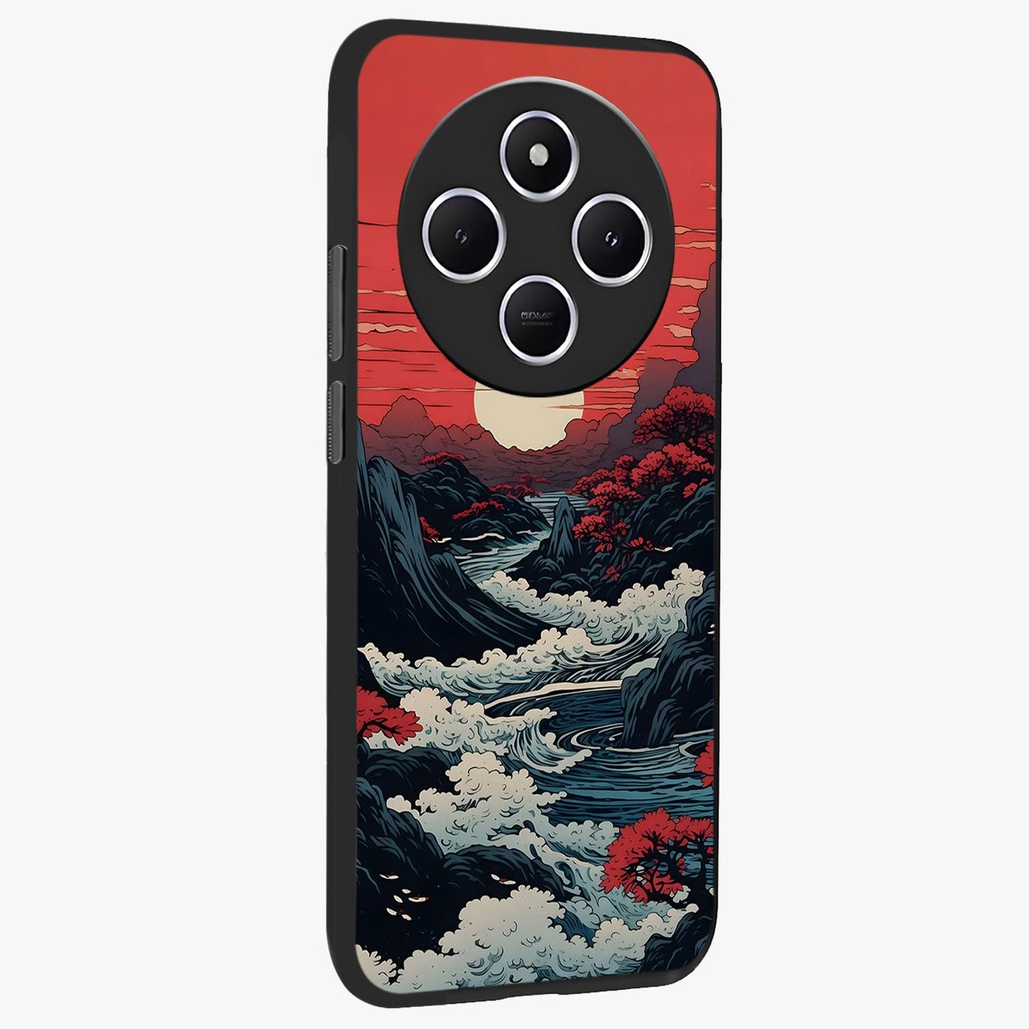 Red Sunset Scenery Glass Case upright view showcasing dramatic sunset scenery artwork with warm nature theme.