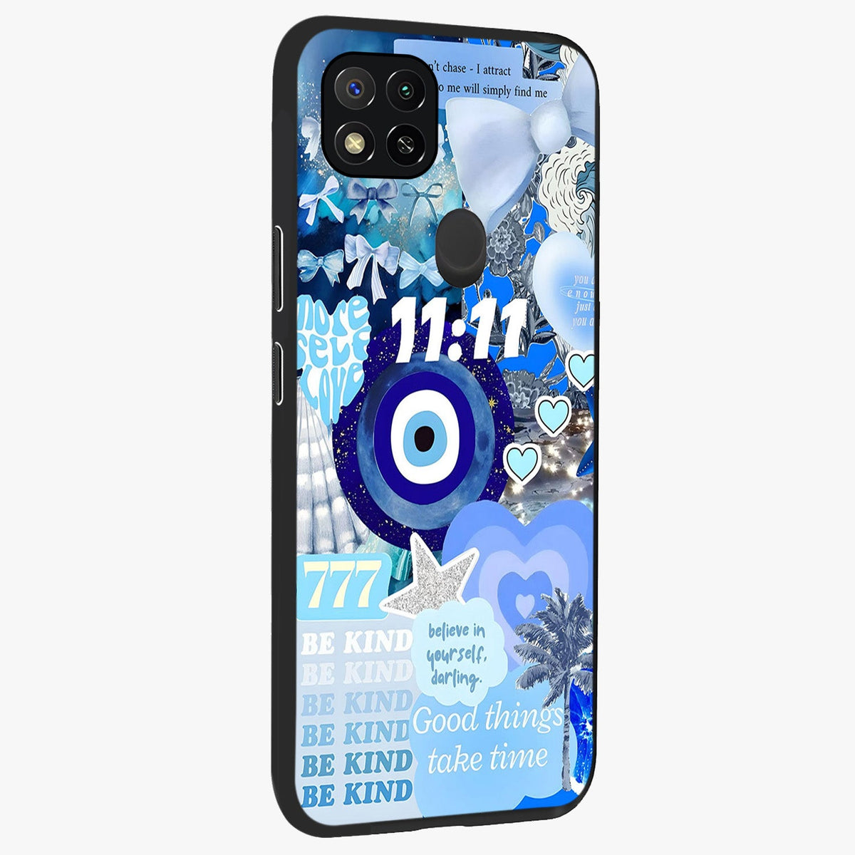 Aesthetic Be Kind Eye Glass Case upright view showcasing stylish eye illustration with positive message theme.