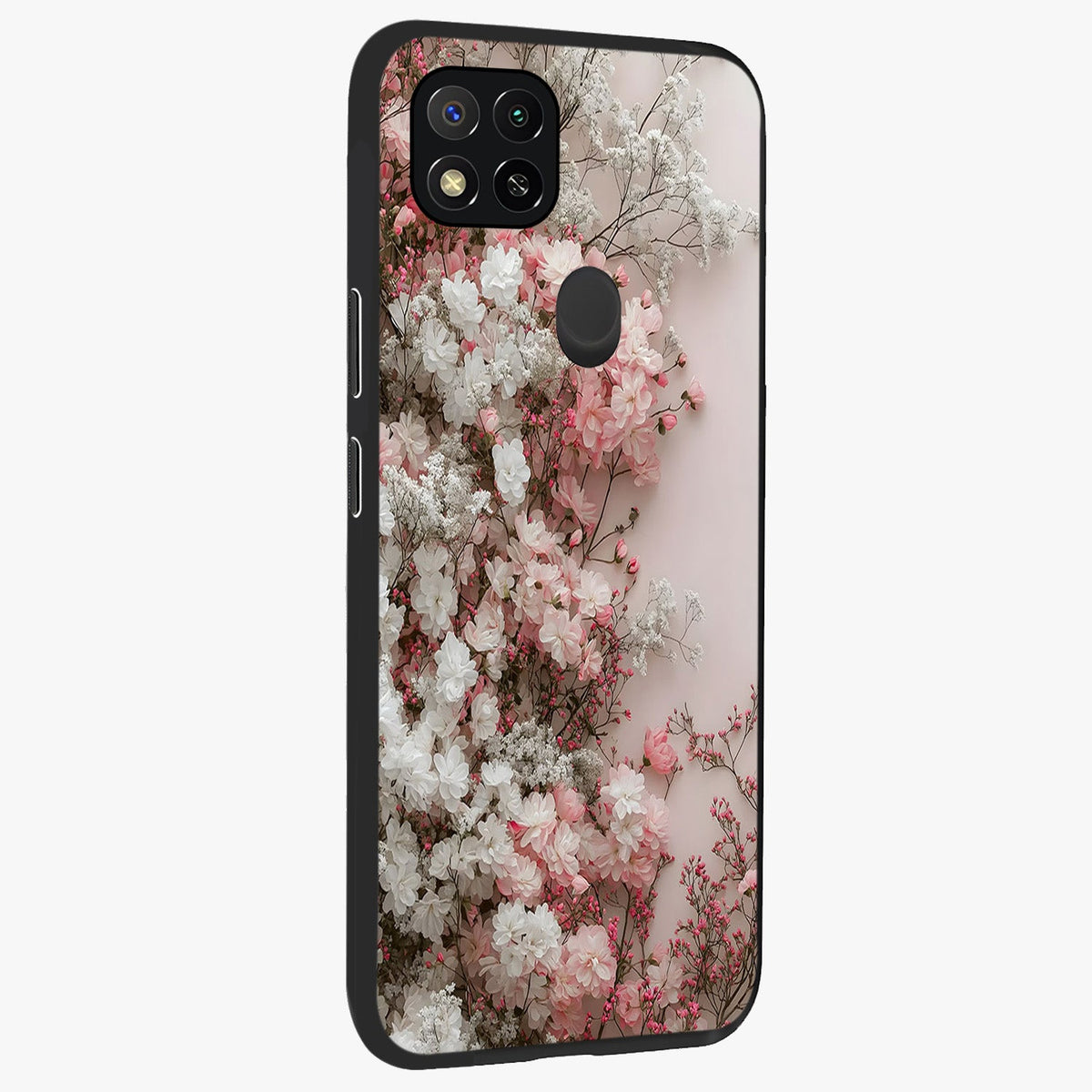 Blush Blossom Cloud Glass Case upright view showcasing calm floral cloud artwork with gentle dreamy theme.