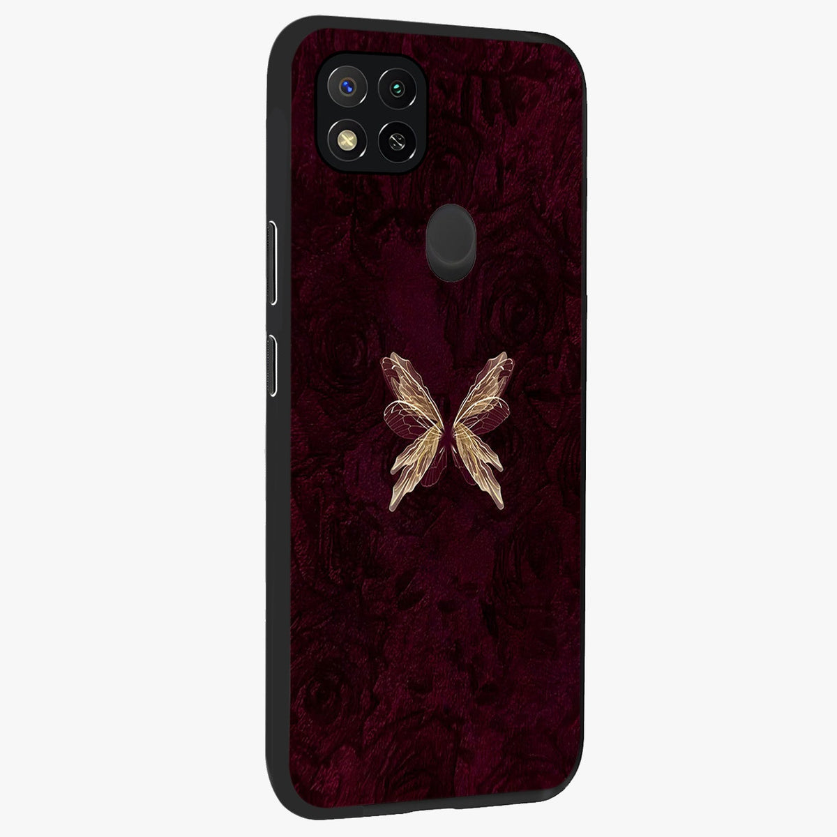 Crimson Fade Butterfly Glass Case upright view showcasing graceful butterfly artwork with soft crimson fade effect.