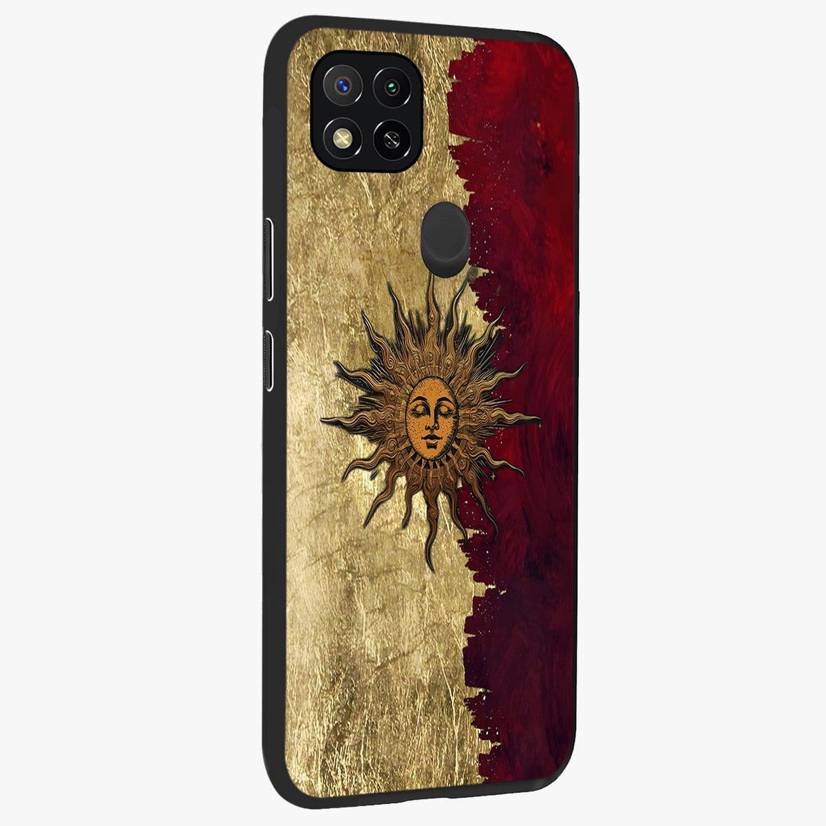 Crimson Sun Majesty Glass Case upright view showcasing vibrant sun artwork with powerful celestial theme.