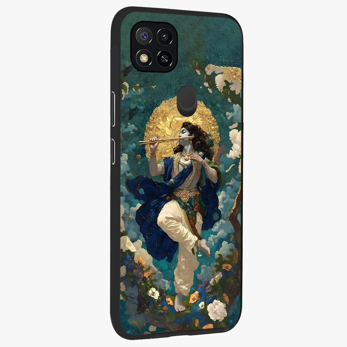 Divine Krishna Art Glass Case upright view showcasing divine Krishna artwork with sacred artistic theme.