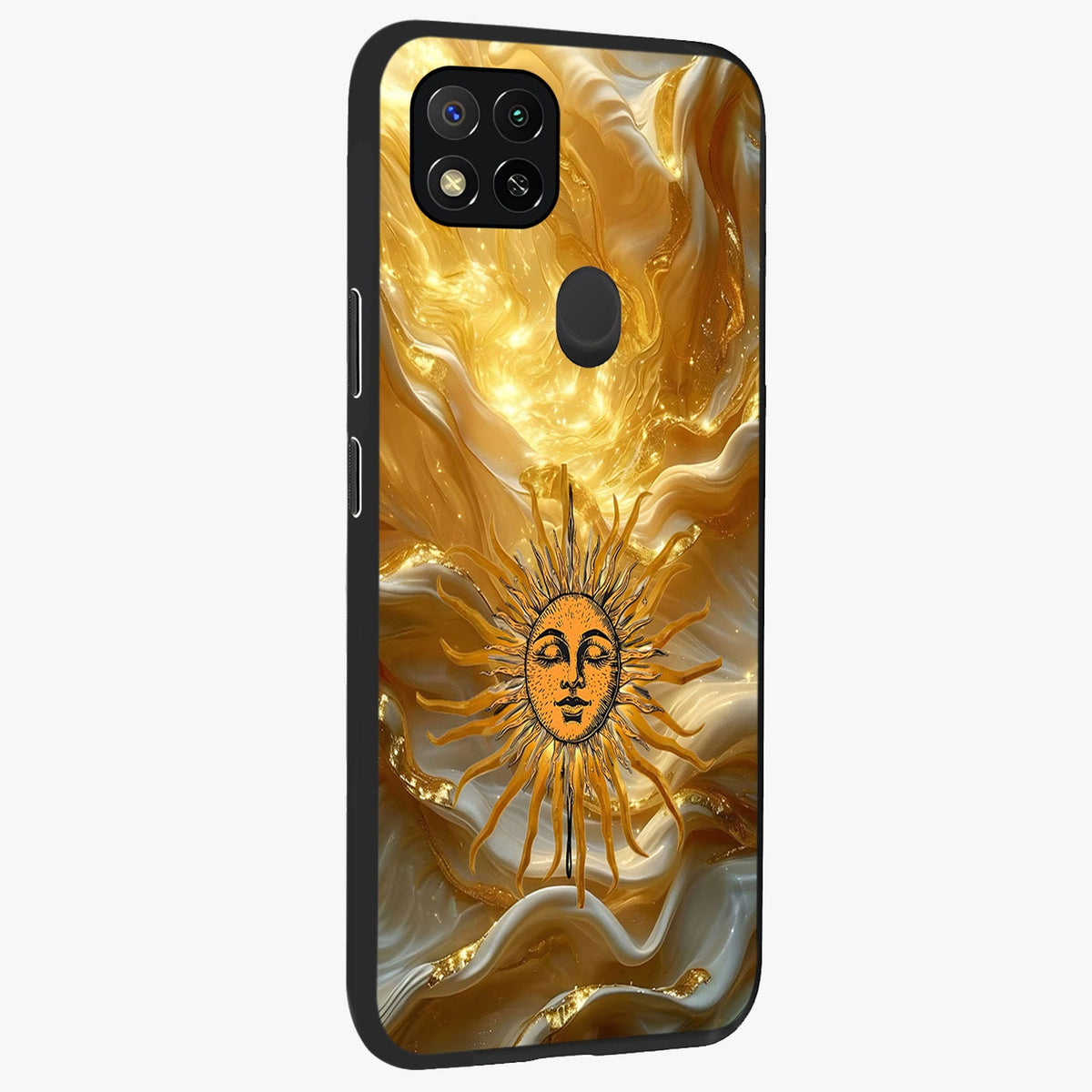 Eternal Golden Glow Glass Case upright view showcasing luminous golden artwork with luxurious visual theme.