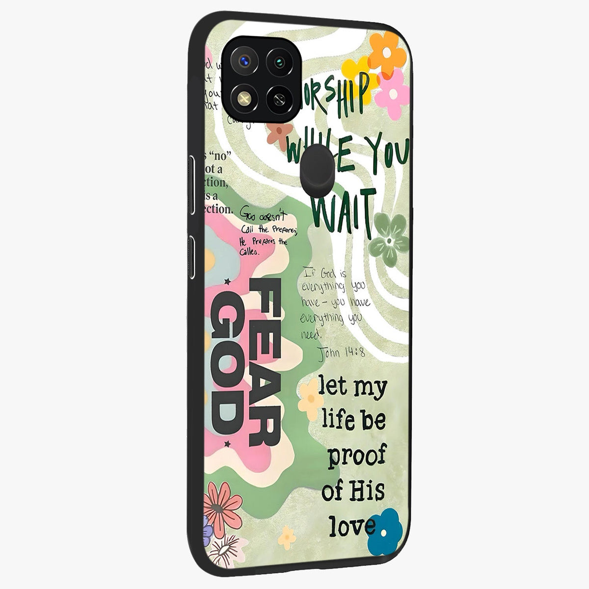 Faith Over Fear Glass Case upright view showcasing bold typography artwork with uplifting motivational theme.