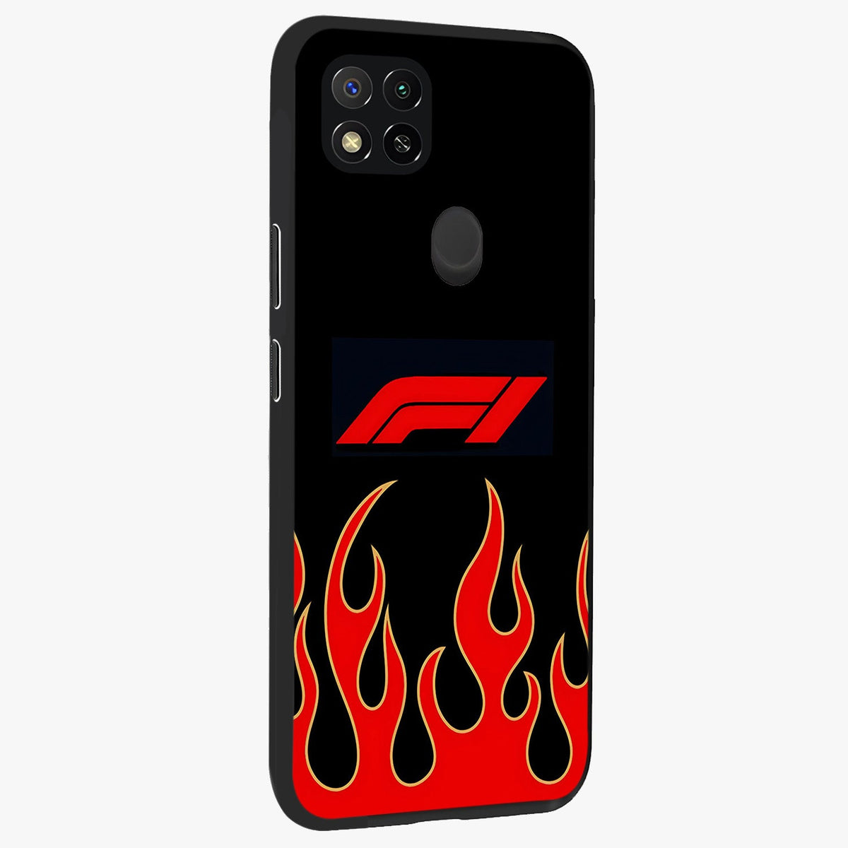 Fire F11 Glass Case upright view showcasing dynamic flame artwork with intense visual theme.
