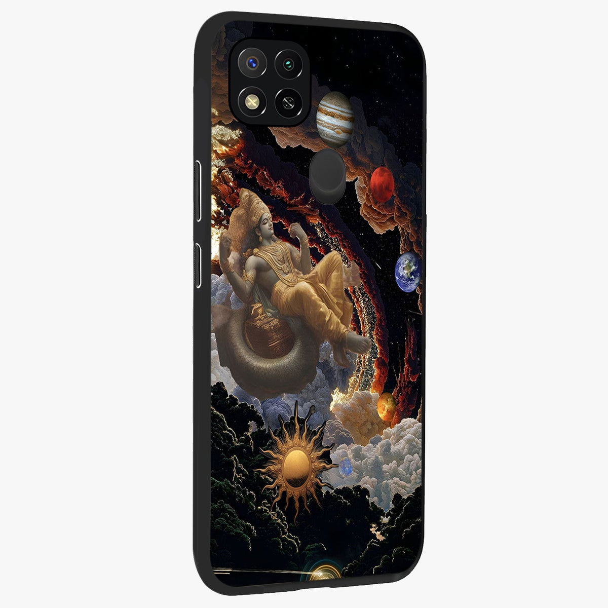 Galactic Divine God Glass Case upright view showcasing mystical divine artwork with dramatic cosmic theme.