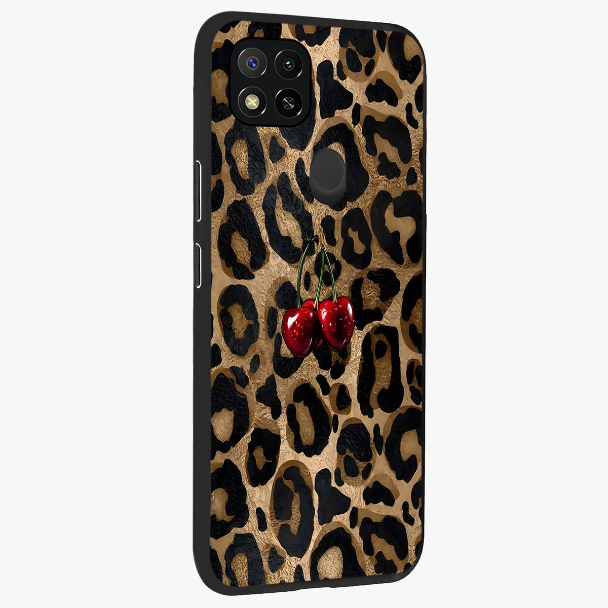Leopard Wild Cherry Glass Case upright view showcasing stylish leopard pattern artwork with trendy fashion theme.