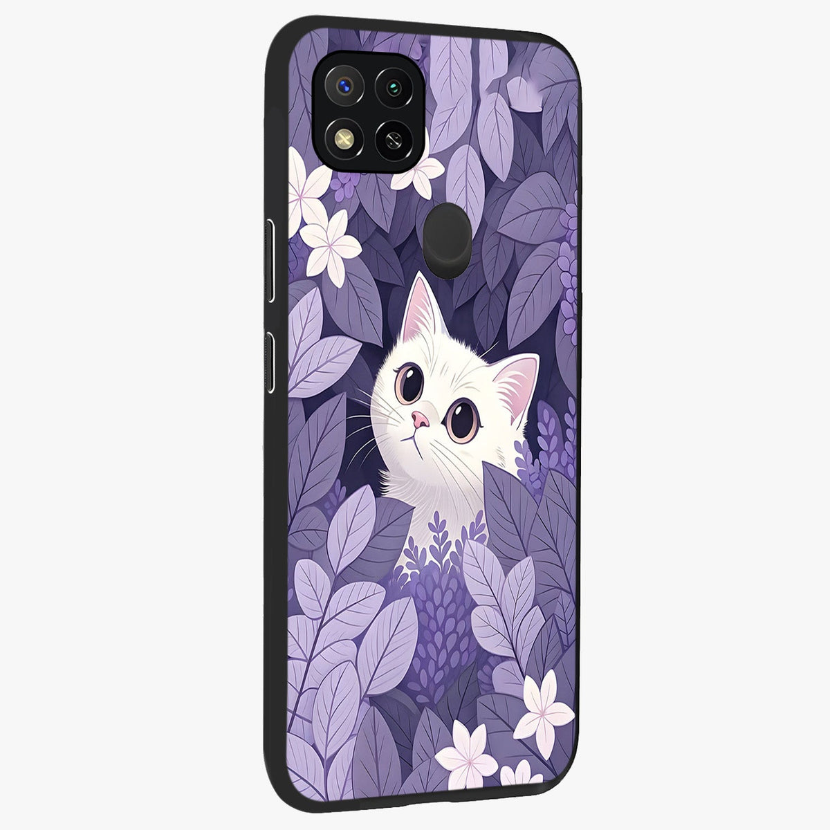 Lilac Hide Peek Cat Glass Case upright view showcasing charming cat artwork with adorable peek theme.