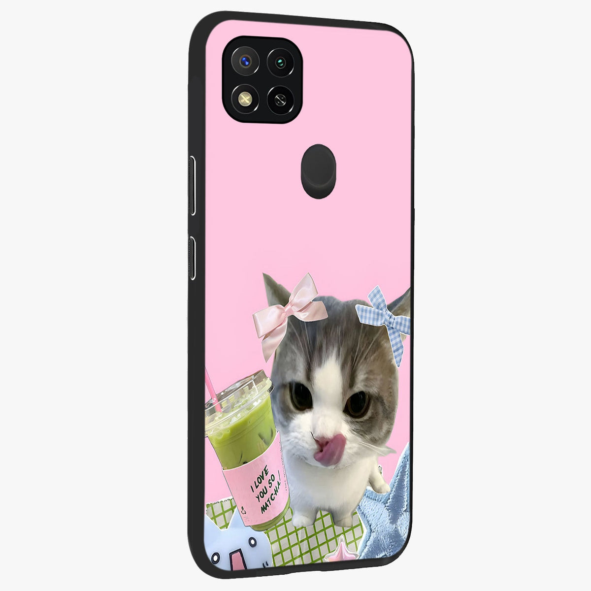 Love Matcha Cat Glass Case upright view showcasing adorable cat artwork with charming matcha themed design.