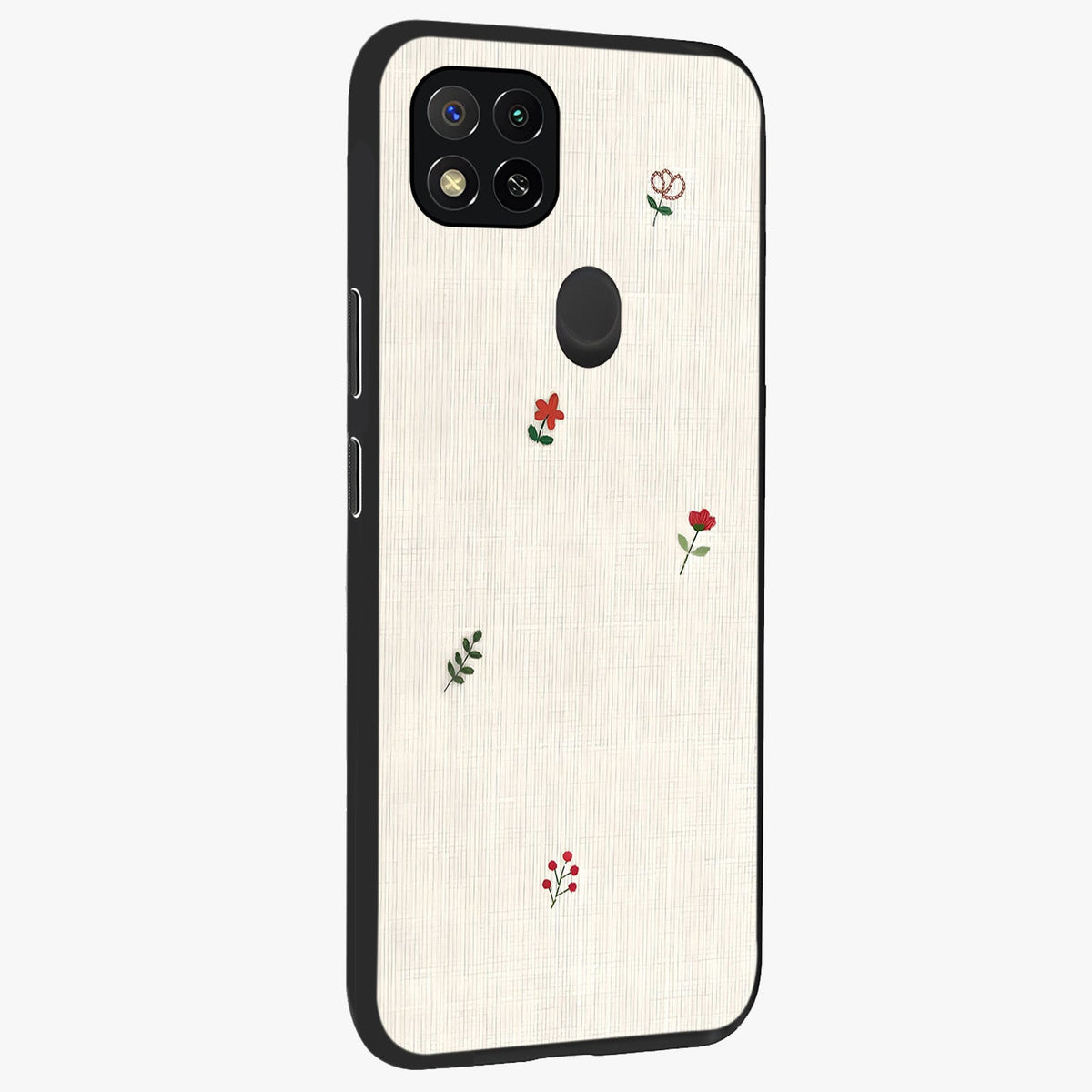 Minimal Petal Whispers Glass Case upright view showcasing elegant floral artwork with modern minimalist style.