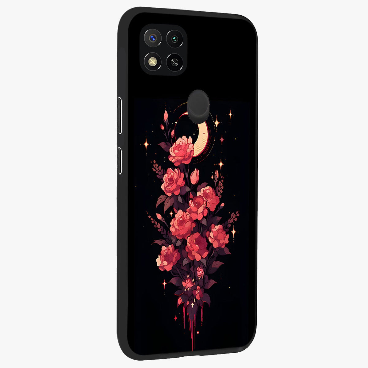 Moonlit Floral Elegance Glass Case upright view showcasing delicate floral artwork with refined night inspired theme.