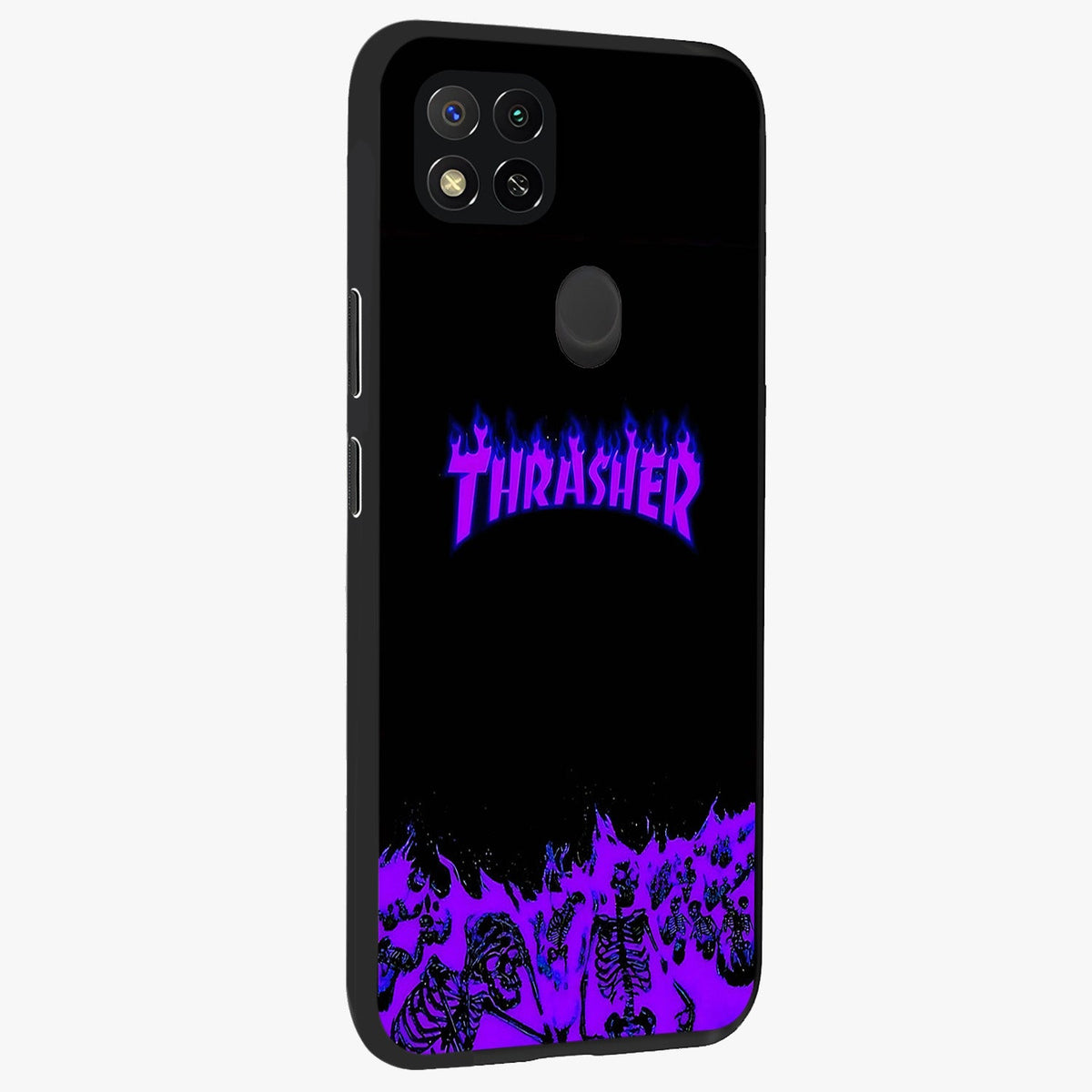 Neon Flame Riot Glass Case upright view showcasing dynamic flame artwork with energetic neon theme.