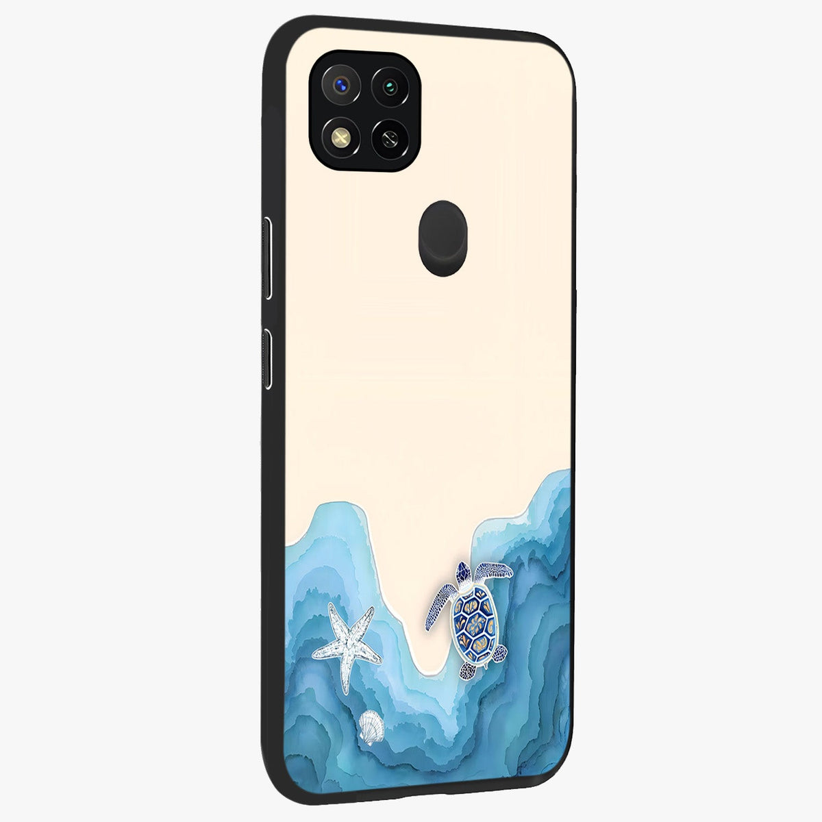 Ocean Drift Turtle Glass Case upright view showcasing calm underwater turtle artwork with nature inspired theme.