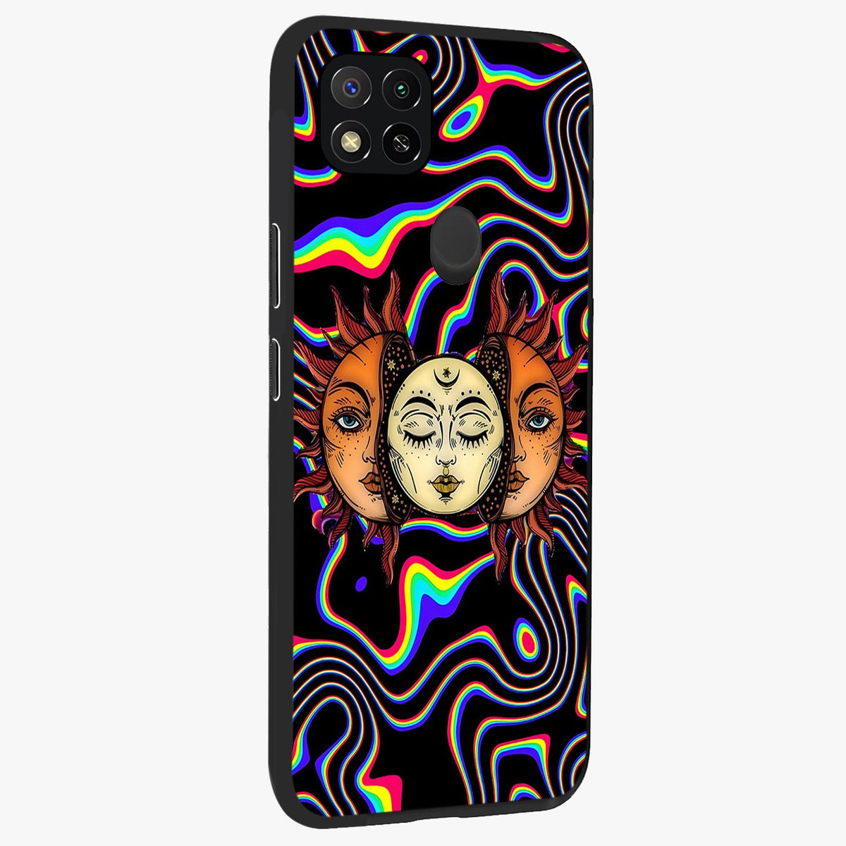 Psychedelic Sun Glass Case upright view showcasing trippy sun artwork with bold psychedelic theme.