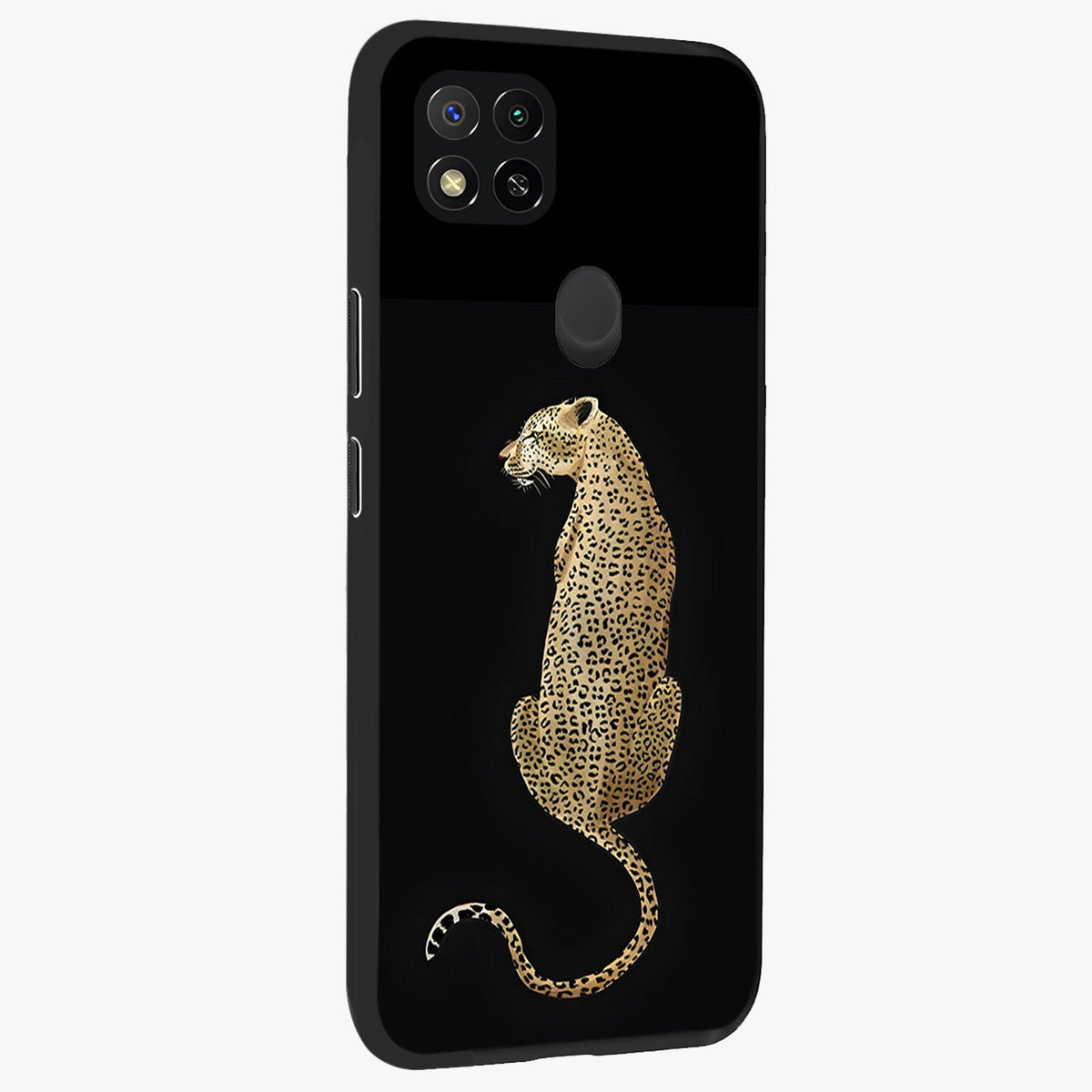 Regal Leopard Glass Case upright view showcasing striking leopard artwork with fierce wildlife theme.