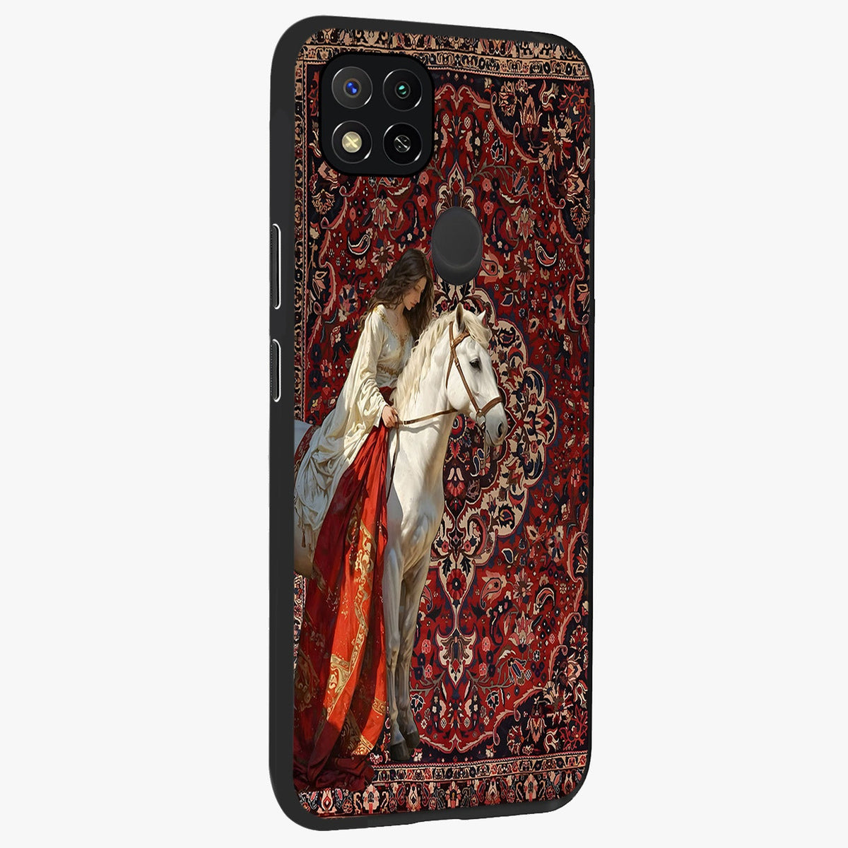 Royal Rider Tapestry Glass Case upright view showcasing detailed rider artwork with classic tapestry theme.