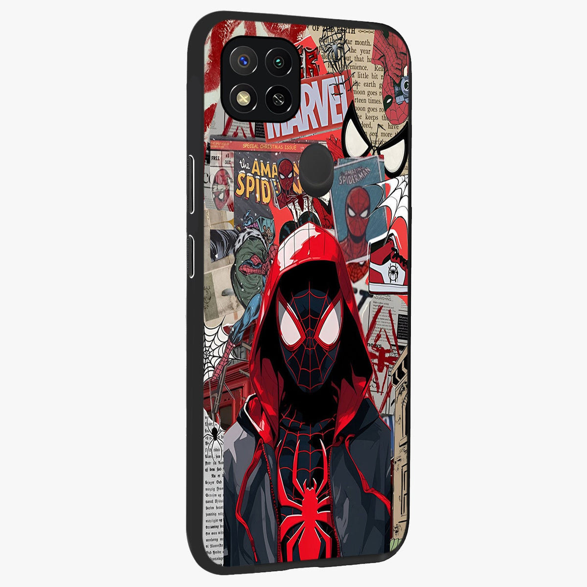 Spider Collage Street Glass Case upright view showcasing bold superhero artwork with urban street theme.