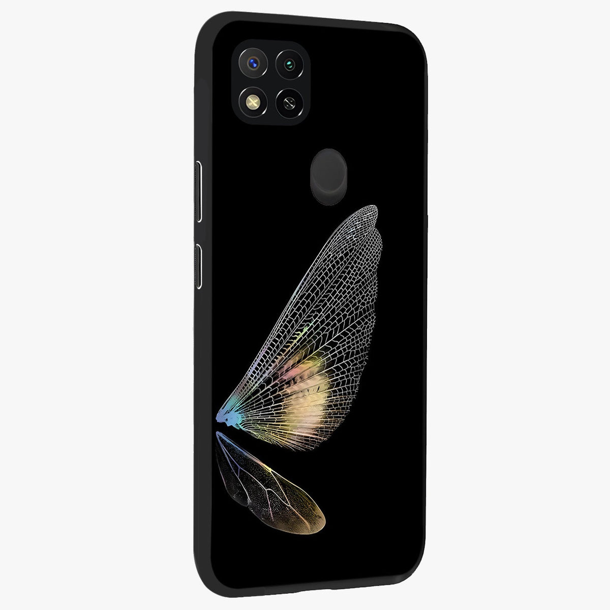 Whispers Of Wings Glass Case upright view showcasing elegant wing artwork with light airy theme.