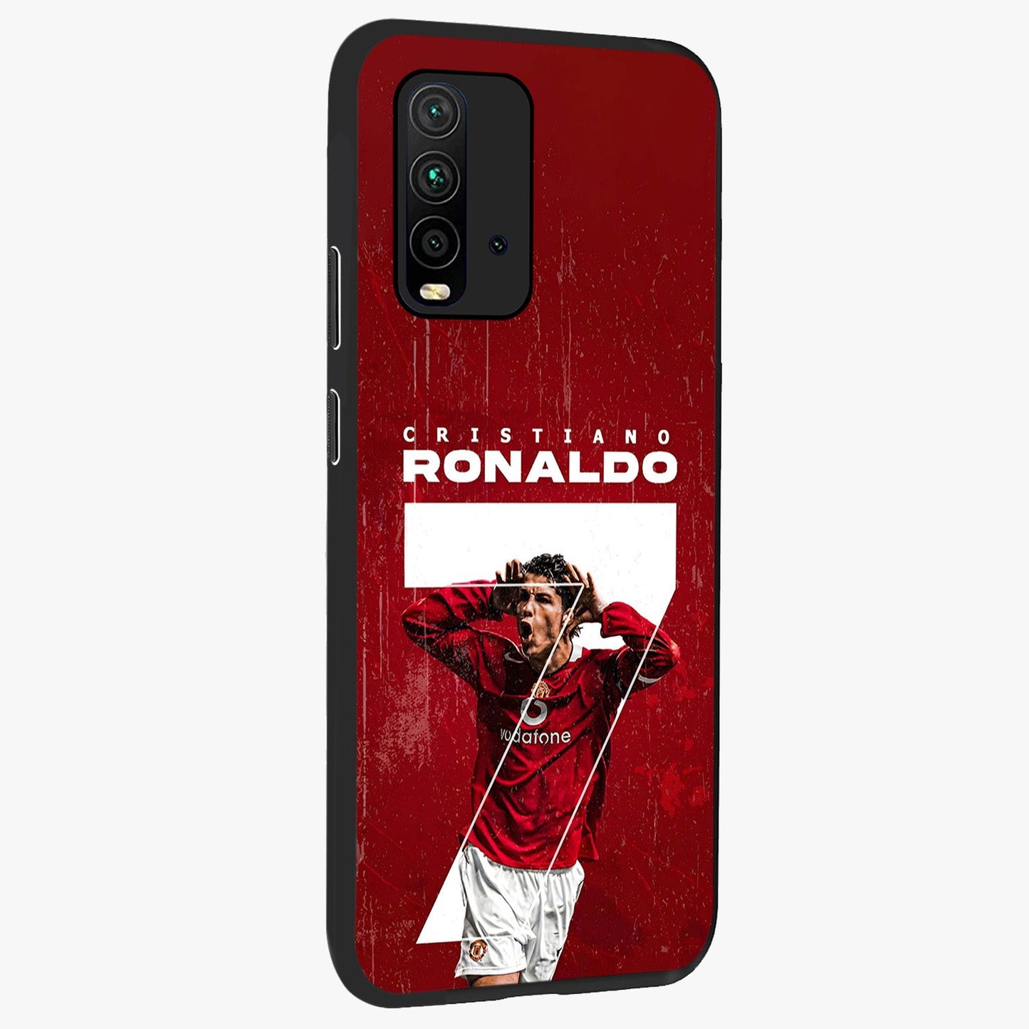 Goal Celebration Legacy Glass Case upright view showcasing dynamic football inspired artwork with victory celebration aesthetic.