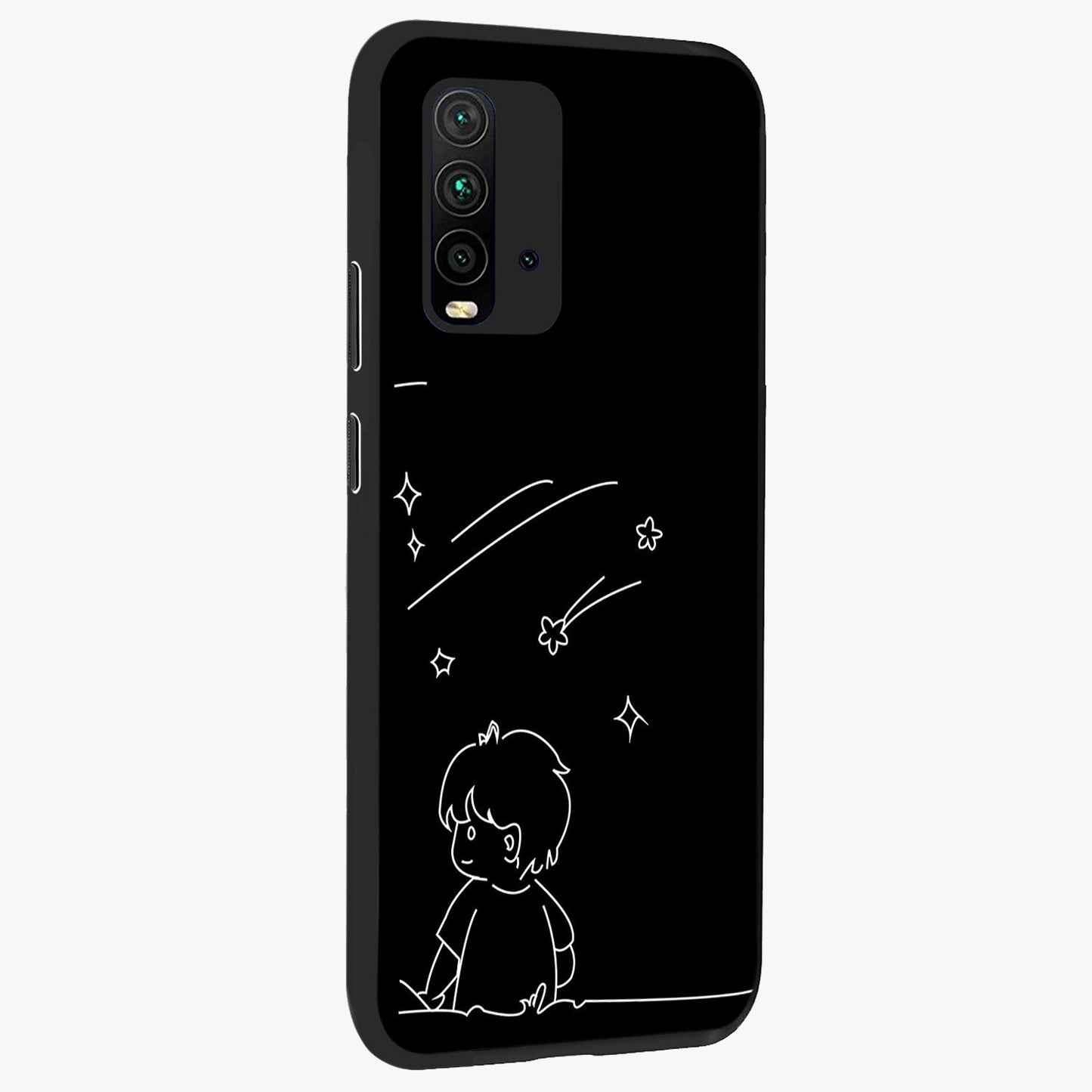 Line Art Boy With Shooting Stars Glass Case upright view showcasing artistic shooting star illustration with minimal style.