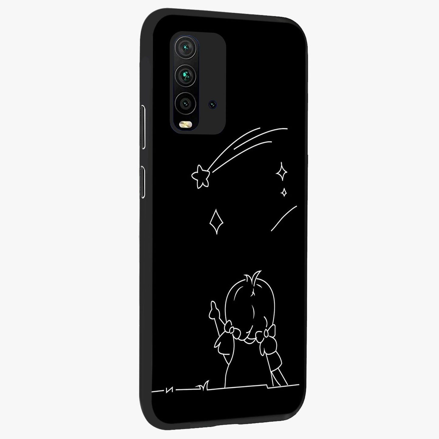 Line Art Girl With Shooting Stars Glass Case upright view showcasing delicate shooting stars artwork with minimal artistic theme.