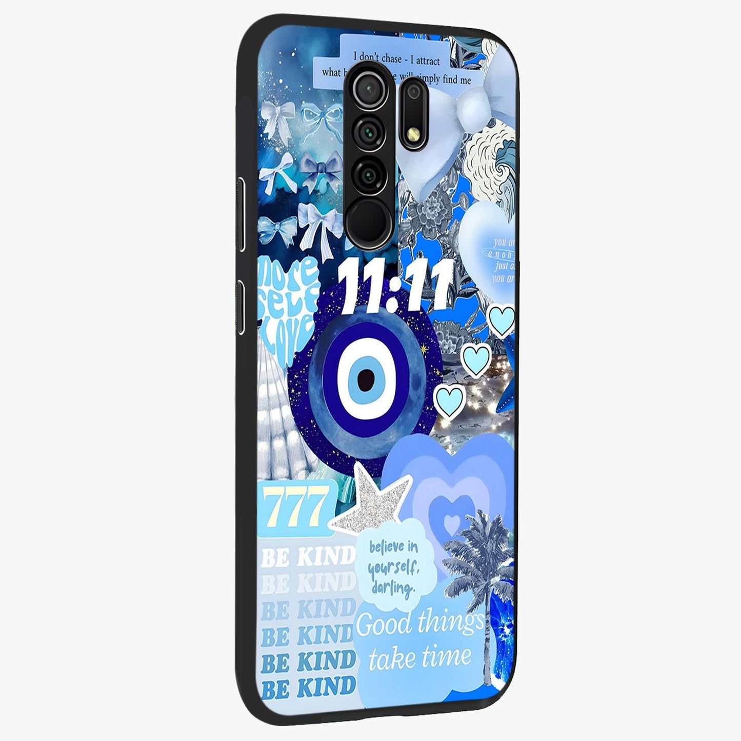 Aesthetic Be Kind Eye Glass Case upright view showcasing stylish eye illustration with positive message theme.