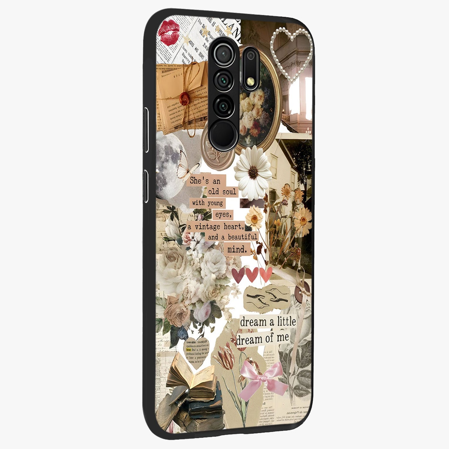 Aesthetic Brown Vintage Collage Glass Case upright view showcasing nostalgic retro artwork with stylish vintage theme.