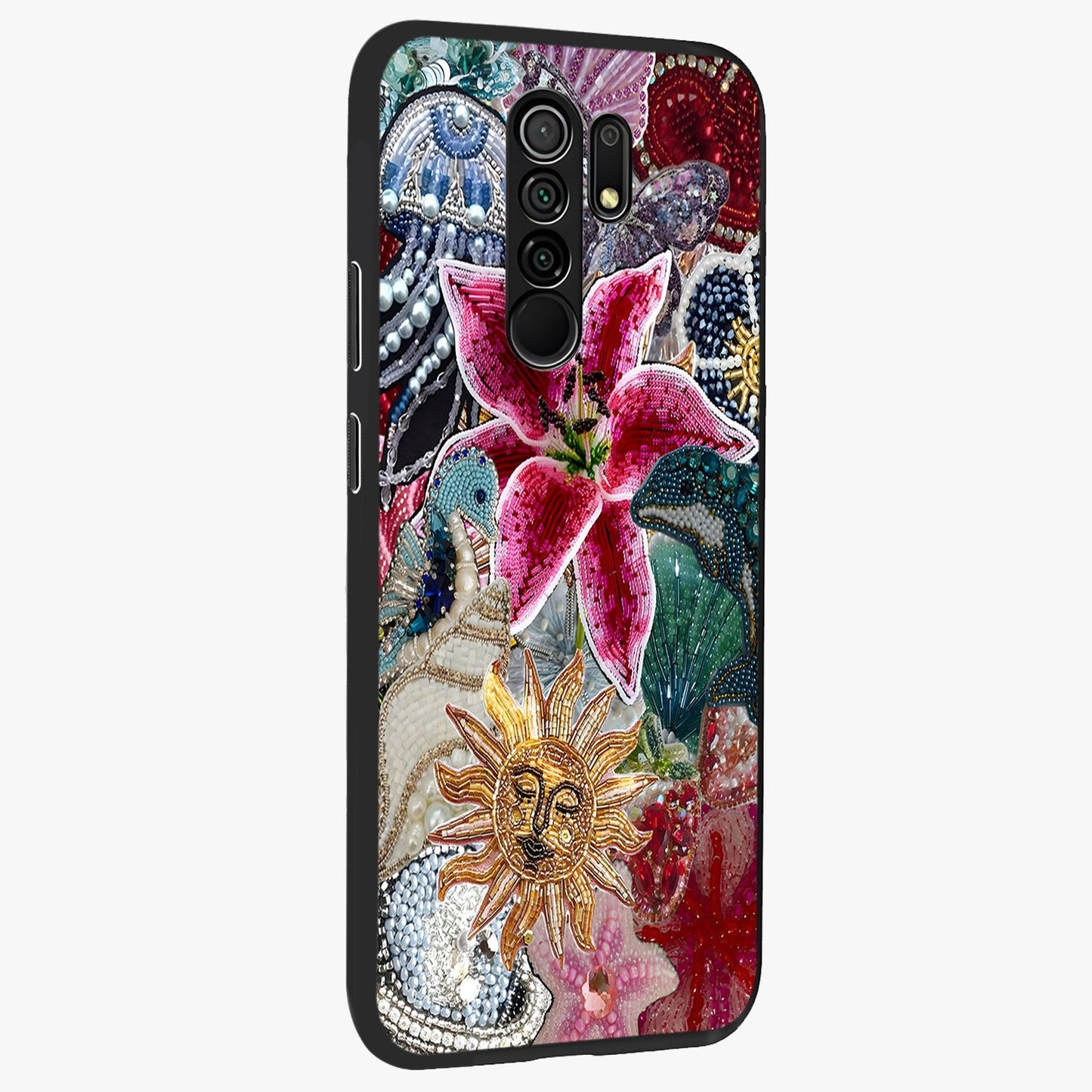 Beaded Garden Fantasy Glass Case upright view showcasing whimsical garden aesthetic with artistic bead details.