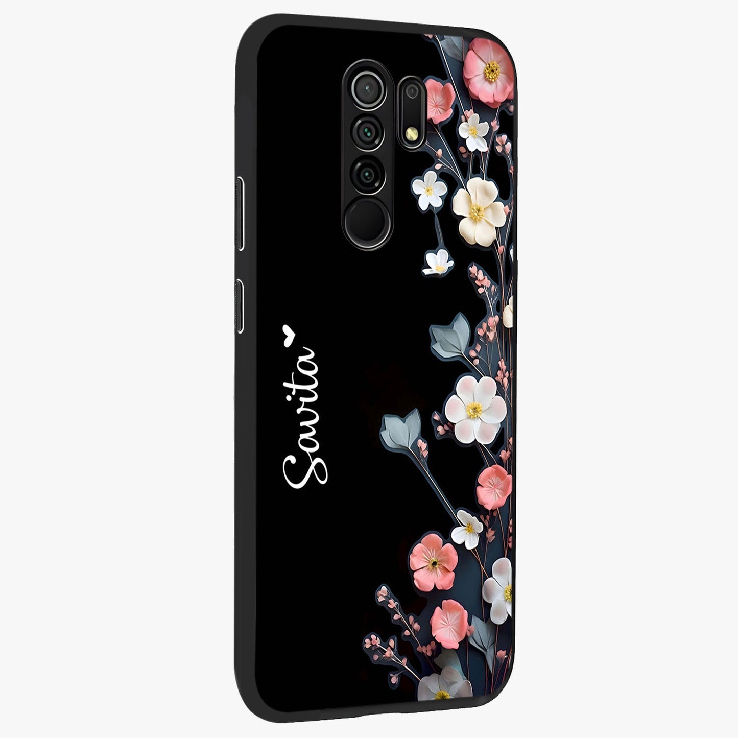 Black Elegance Floral Custom Name Glass Case upright view showcasing luxurious black floral design with personalized name detail.