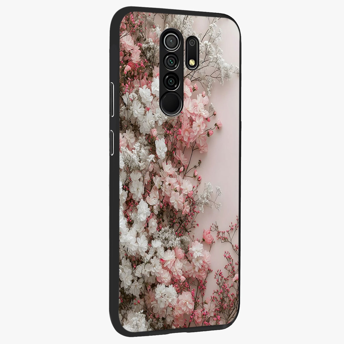 Blush Blossom Cloud Glass Case upright view showcasing calm floral cloud artwork with gentle dreamy theme.