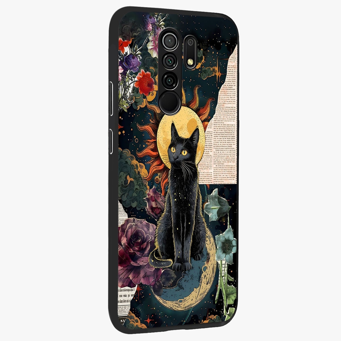 Celestial Black Cat Glass Case upright view showcasing magical black cat illustration with starry cosmic theme.