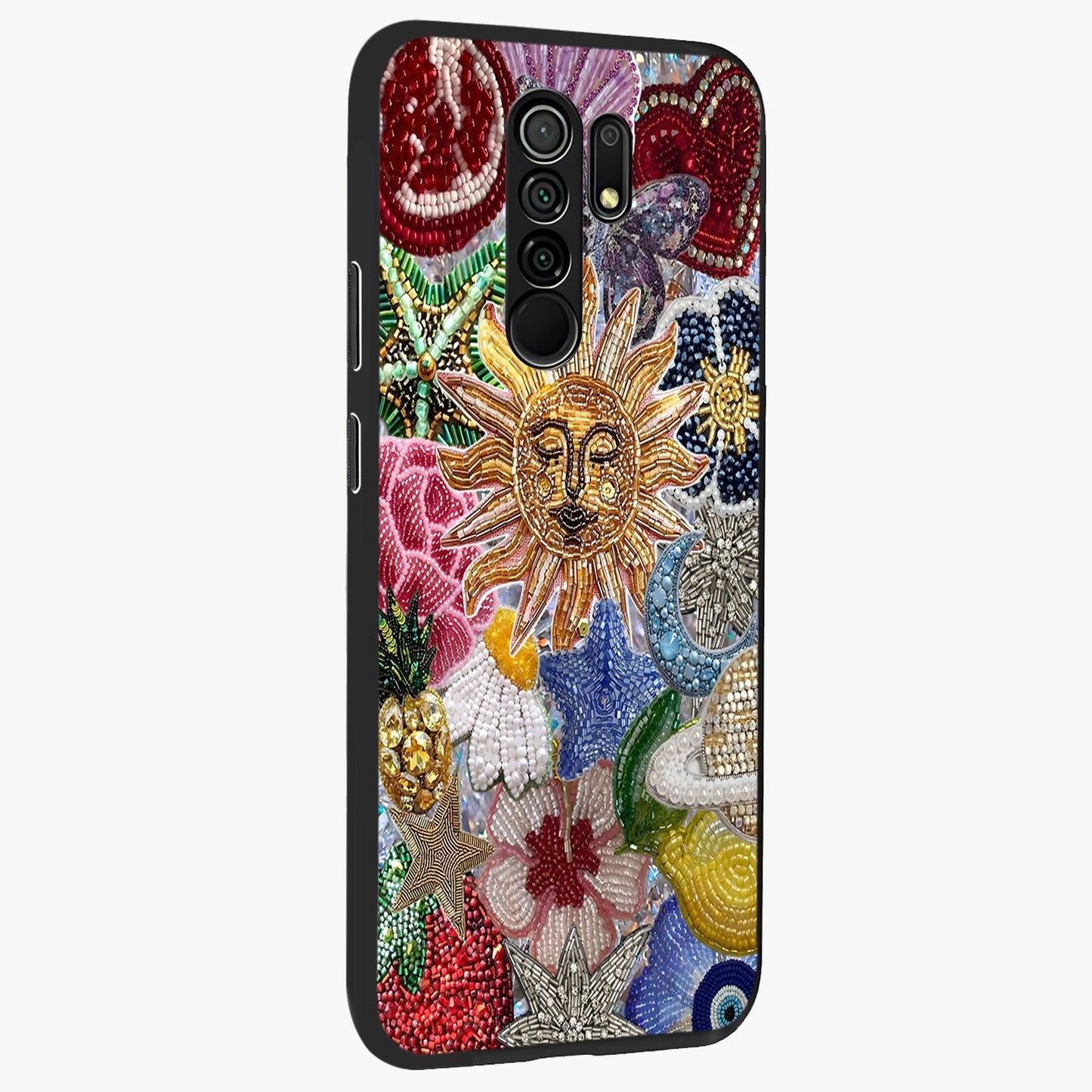 Celestial Floral and Playful Glass Case upright view showcasing whimsical floral artwork with cosmic aesthetic theme.